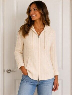 Denim & Co Cream Cable Knit Full Zip Hooded Cardigan Sweater Size L Fisherman